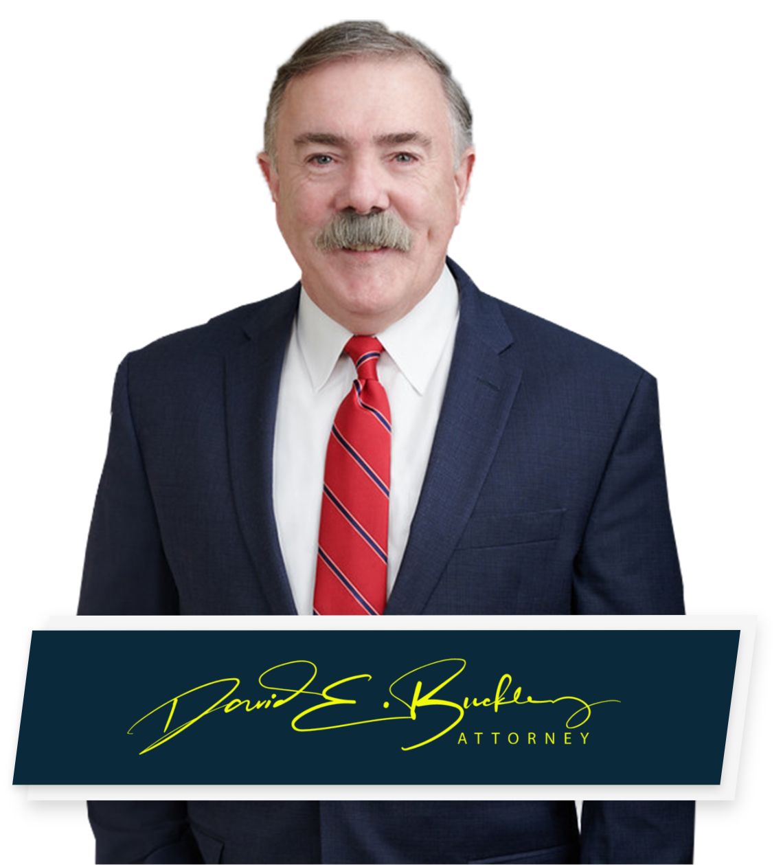 Photo of Windham Car Accident Lawyer Dave Buckley posing for headshot with signature underneath